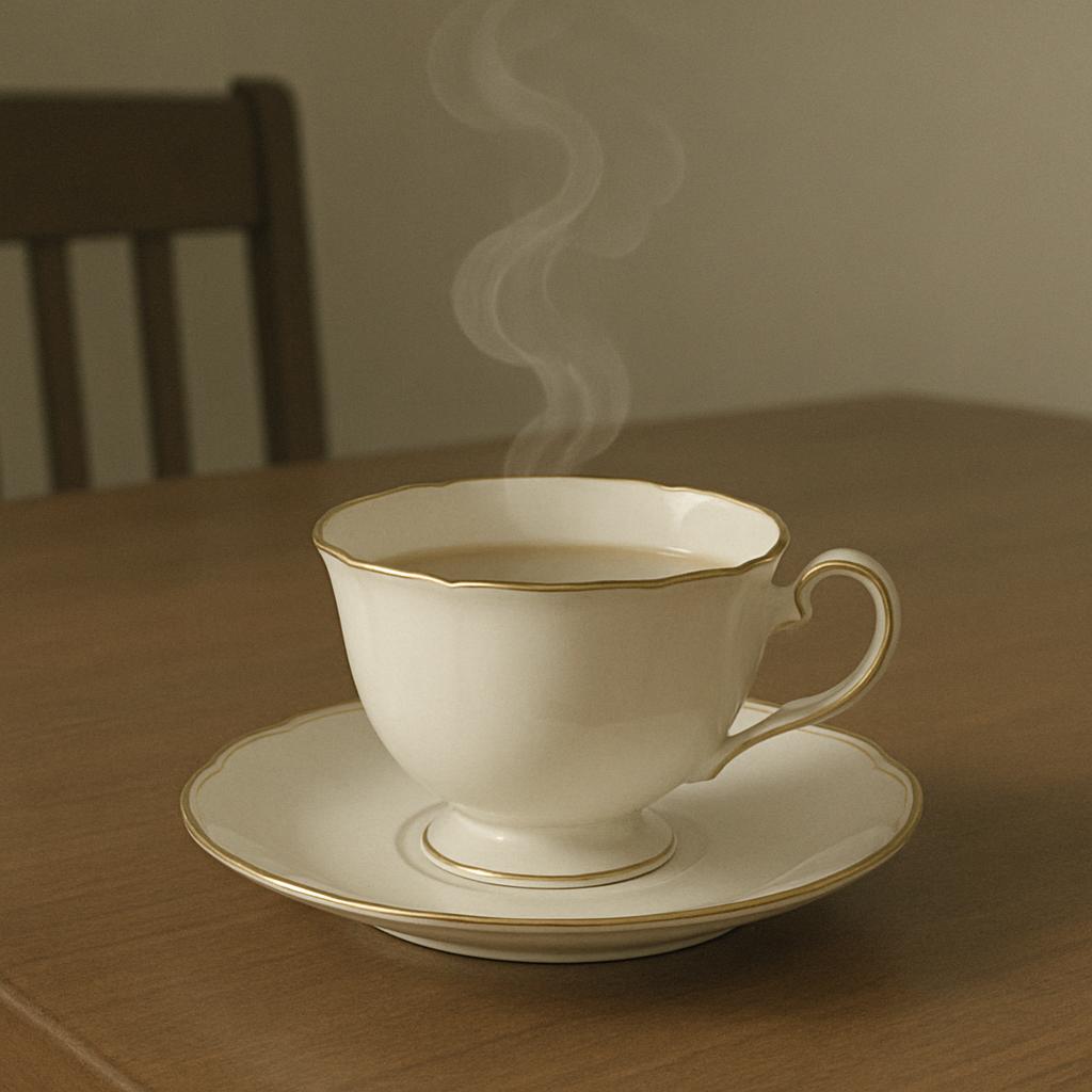 A full-white ceramic teacup rests on a matching saucer, both adorned with gold detailing along the edges and rim of the cu...