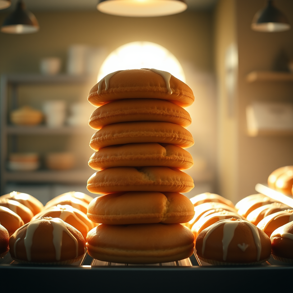 This image features a display of orange cakes containing white filling, stacked in a visually appealing arrangement.