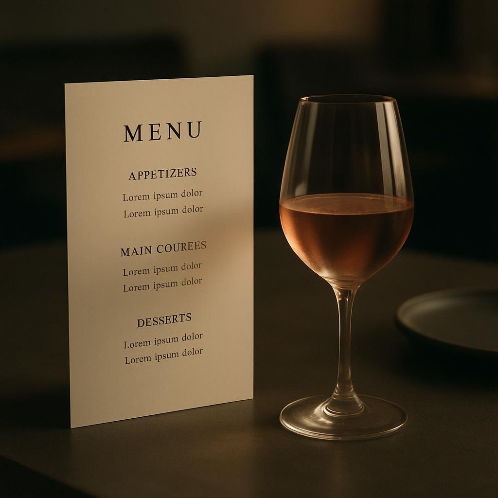 Glass of wine with a menu card.