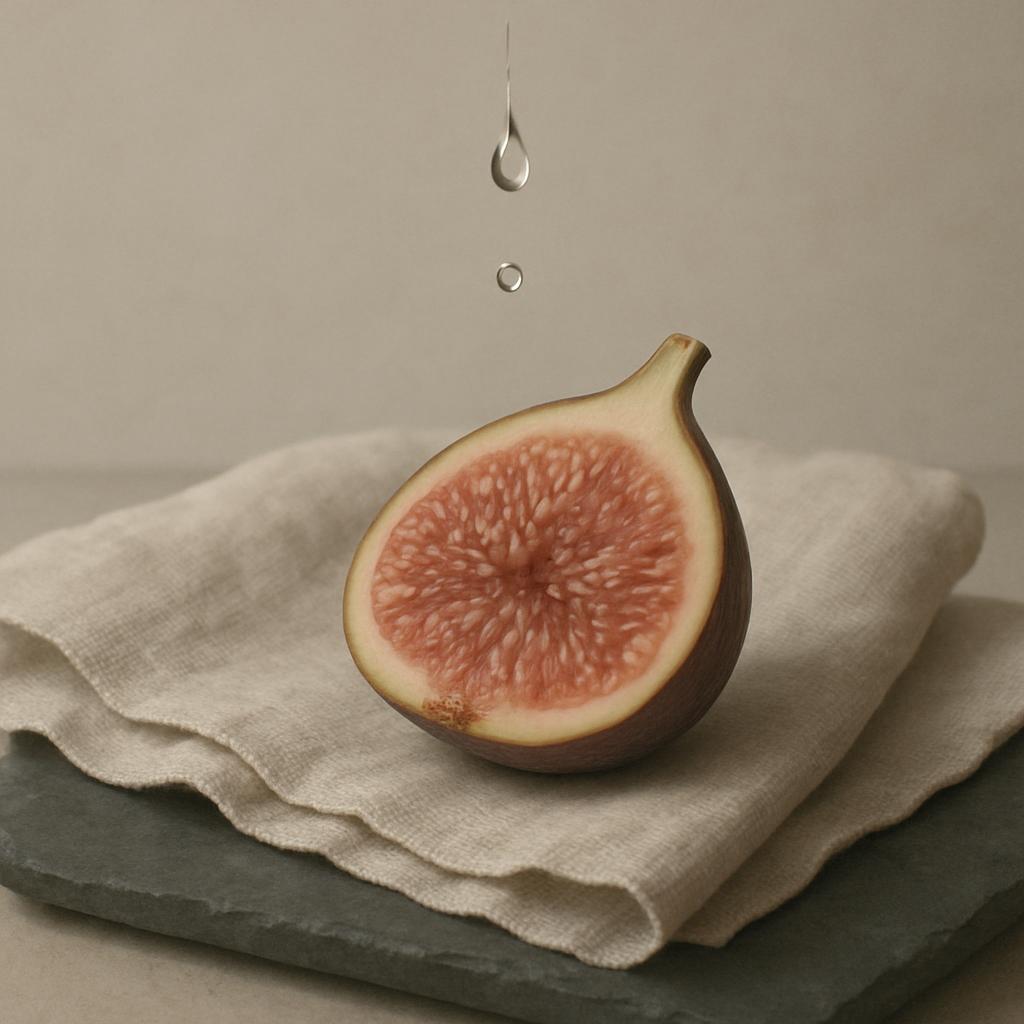 Here is the image's alt text: A fresh fig cut in half on a folded cream fabric atop a black-grey slate.