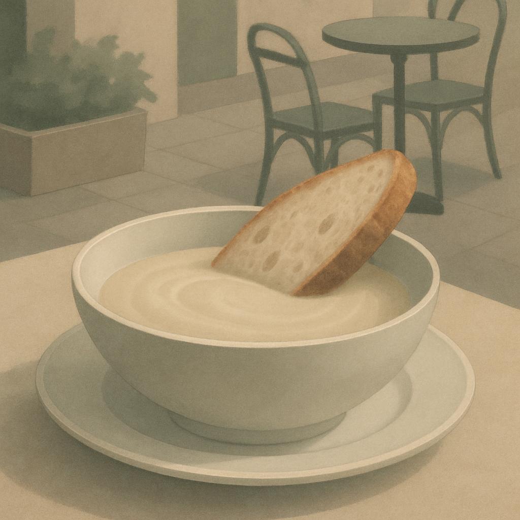 A bowl of soup featuring visible slices of bread floating on top. India ink design illustration for an editorial or advert...