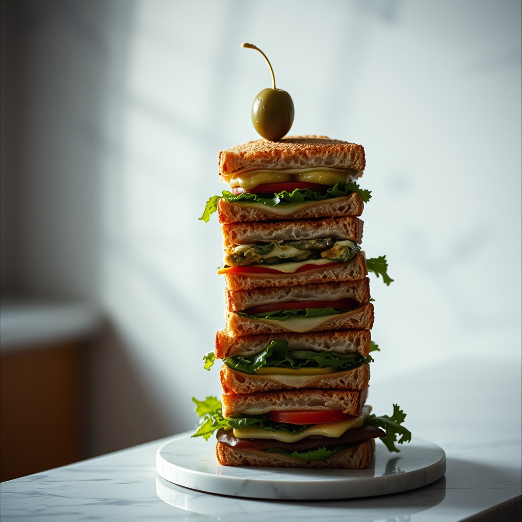 A tall sandwich sits on a white marble plate, featuring toasted bread, melted cheese, lettuce, tomato, and an olive on top.